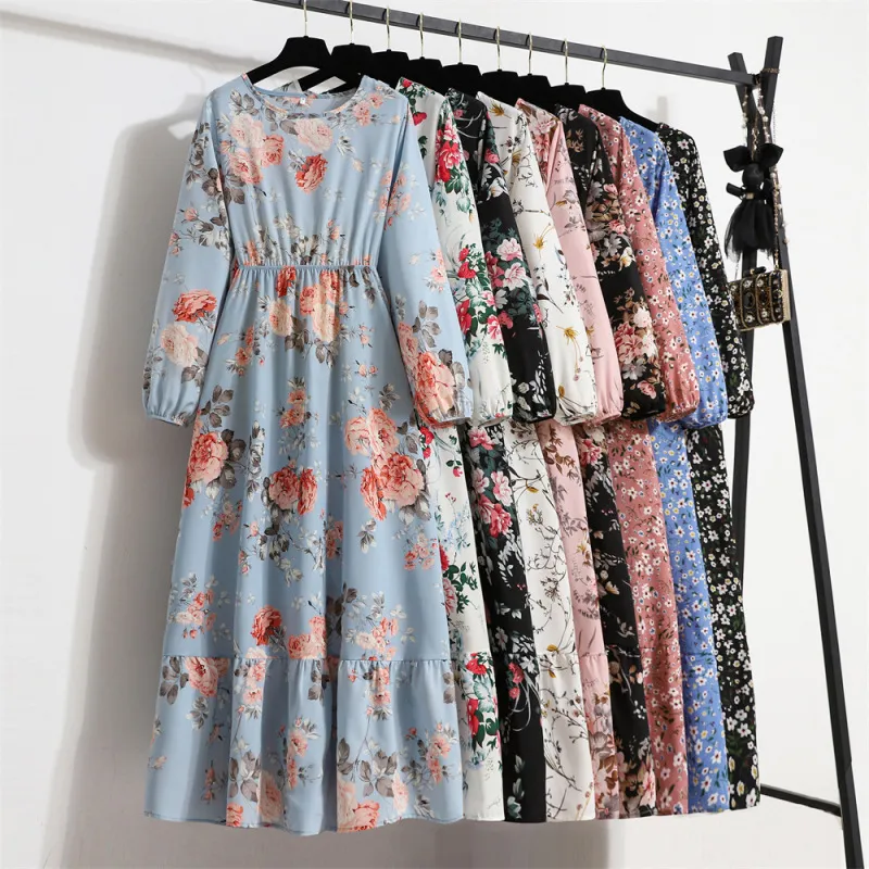 Women Chiffon Floral Long-Sleeved Maxi Dress
