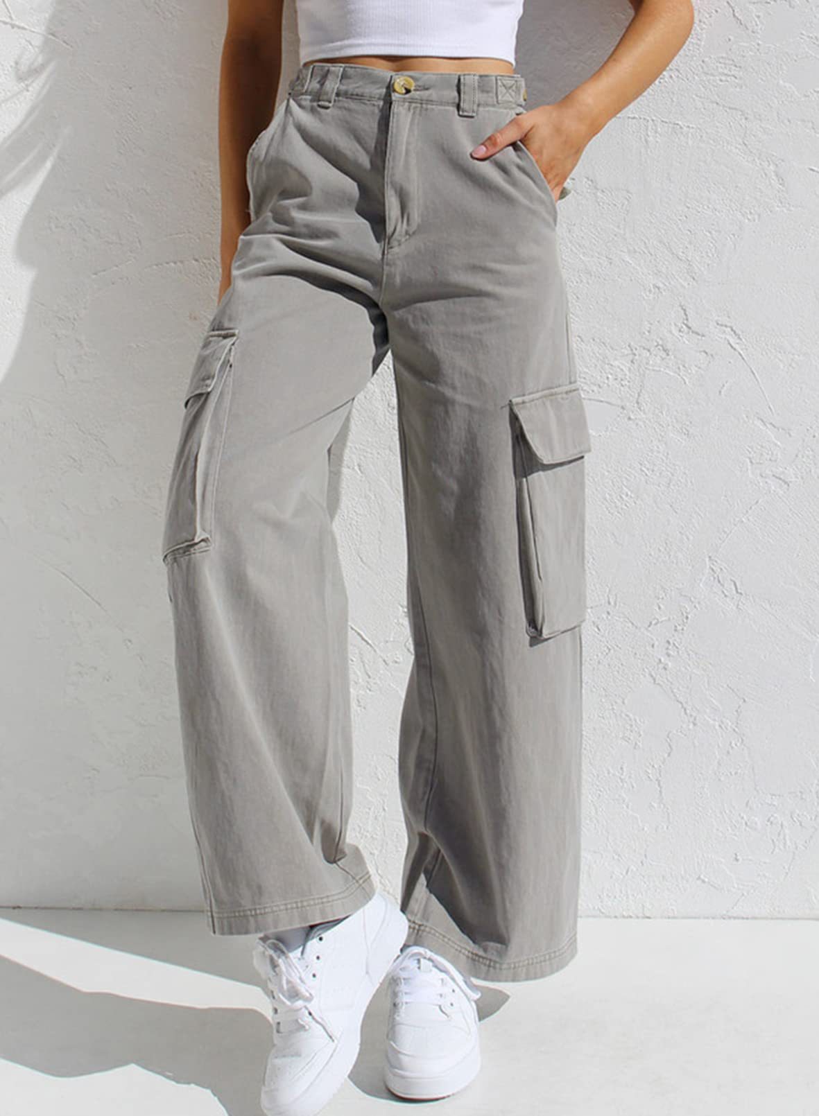Wholesale Women Solid Color Multi Pocket Low Waist Wide-leg