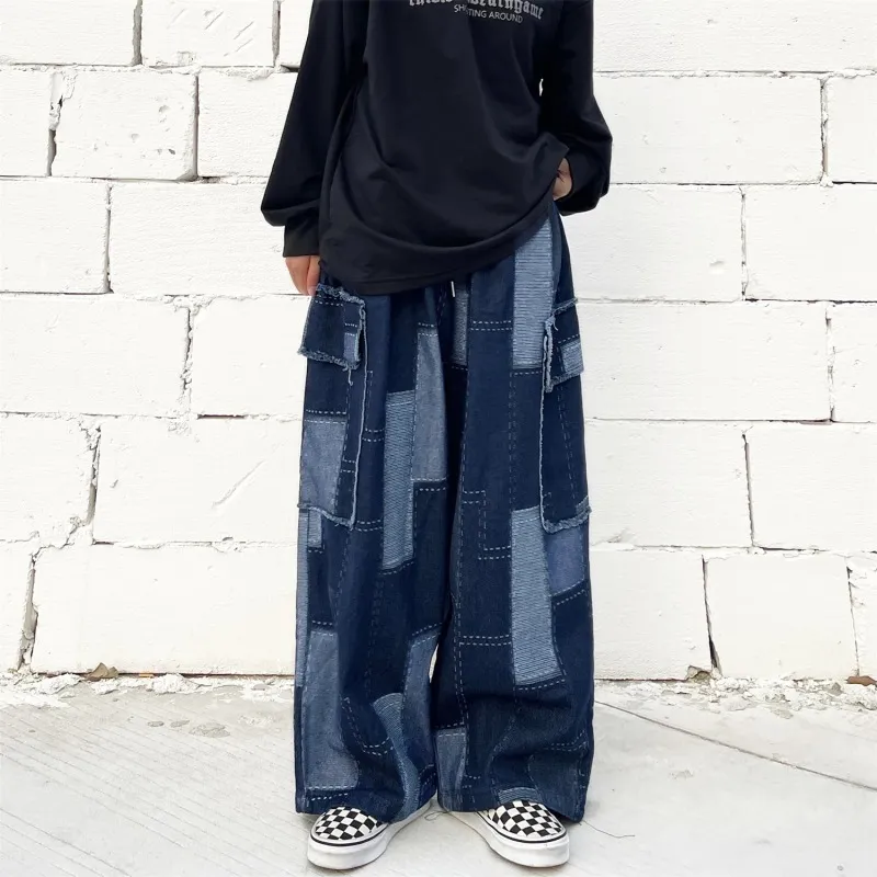Women Loose Casual Stitching Patch Wide-Leg Multi-Pocket Cargo Jeans
