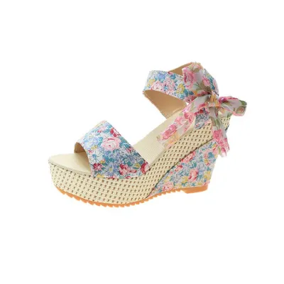 Women Boho Bowknot Peep Toe Floral Printed Wedge Heel Sandals