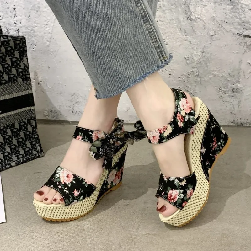 Women Boho Bowknot Peep Toe Floral Printed Wedge Heel Sandals