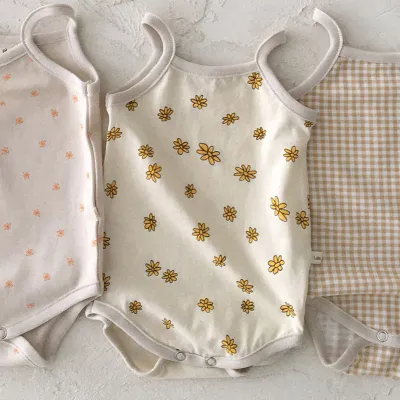 Unisex Baby Solid Color Floral Romper Summer 3-6 Months Cotton Sleeveless Hidden Button Triangle Climb