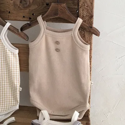 Unisex Baby Solid Color Floral Romper Summer 3-6 Months Cotton Sleeveless Hidden Button Triangle Climb