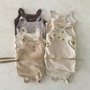 Unisex Baby Solid Color Floral Romper Summer 3-6 Months Cotton Sleeveless Hidden Button Triangle Climb