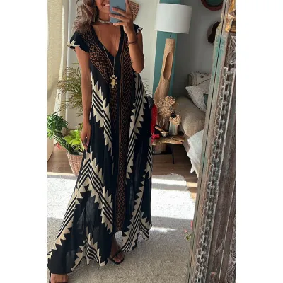 Women Elegant Cap Sleeve Color Blocking Geometric Maxi Vacation Boho Dress