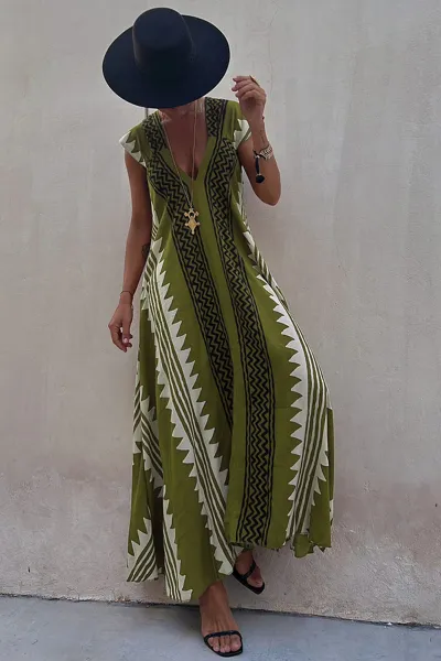 Women Elegant Cap Sleeve Color Blocking Geometric Maxi Vacation Boho Dress