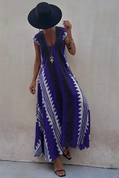Women Elegant Cap Sleeve Color Blocking Geometric Maxi Vacation Boho Dress