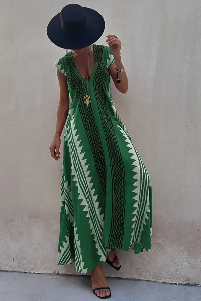Women Elegant Cap Sleeve Color Blocking Geometric Maxi Vacation Boho Dress