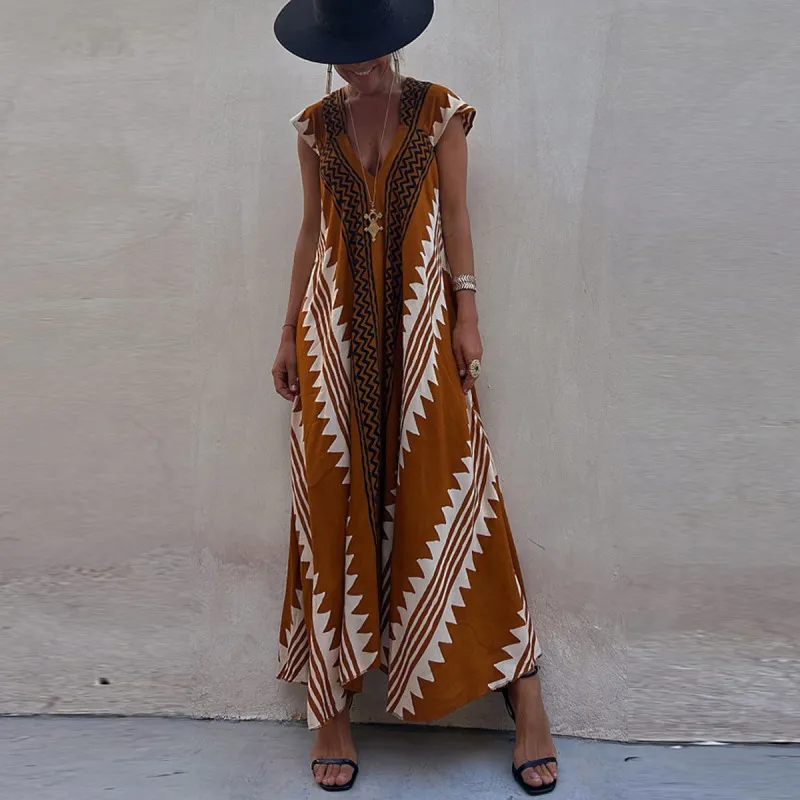 Women Elegant Cap Sleeve Color Blocking Geometric Maxi Vacation Boho Dress