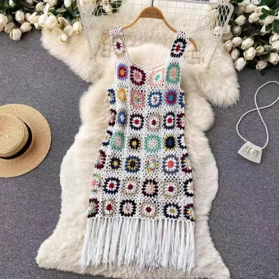 Women Fashion Crochet Hollow Fringed Knit Vest Dress