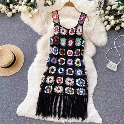 Women Fashion Crochet Hollow Fringed Knit Vest Dress