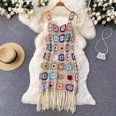 Women Fashion Crochet Hollow Fringed Knit Vest Dress