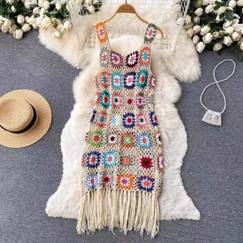 Women Fashion Crochet Hollow Fringed Knit Vest Dress