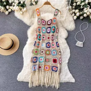 Women Fashion Crochet Hollow Fringed Knit Vest Dress