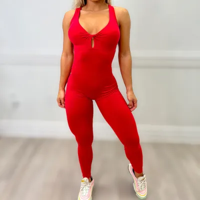 Women Solid Color Irregular Cut Out Backless Tight Sports Jumpsuits