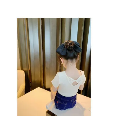 Girls Casual Short Sleeve Solid Color Bowknot Ice Silk T-Shirt