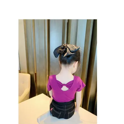 Girls Casual Short Sleeve Solid Color Bowknot Ice Silk T-Shirt