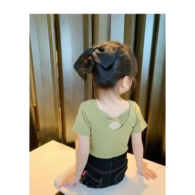 Girls Casual Short Sleeve Solid Color Bowknot Ice Silk T-Shirt