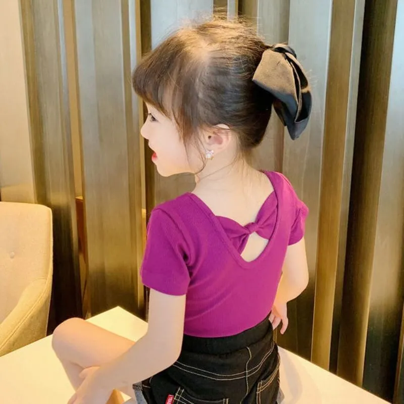 Girls Casual Short Sleeve Solid Color Bowknot Ice Silk T-Shirt