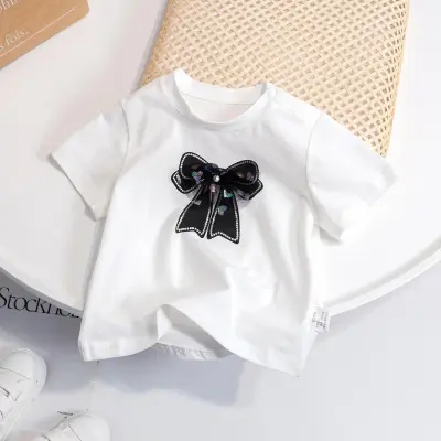 Kids Girls Basic Short Sleeve Bowknot Print T-Shirt Round Neck Solid Color Sweet Casual Top
