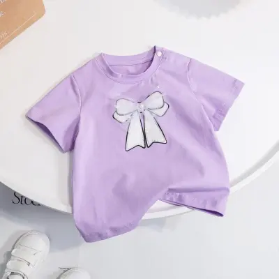 Kids Girls Basic Short Sleeve Bowknot Print T-Shirt Round Neck Solid Color Sweet Casual Top