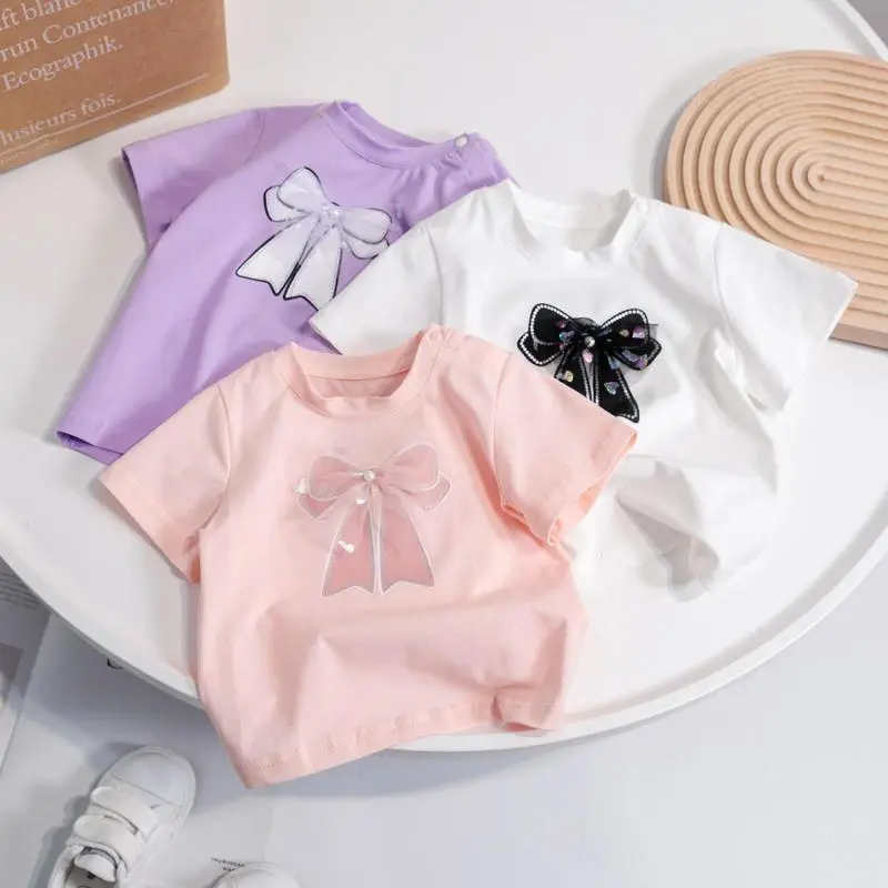 Kids Girls Basic Short Sleeve Bowknot Print T-Shirt Round Neck Solid Color Sweet Casual Top