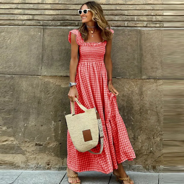 Women Fashion Casual Vacation Boho Plaid Pattern Ruffled Maxi Dress