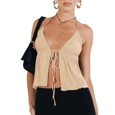 Summer Women Sexy Lace-Up Drawstring Halter Camisole