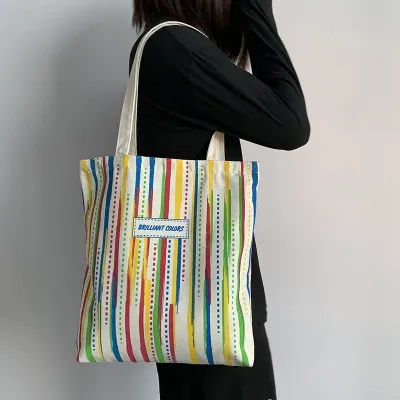 Women Fashion Casual Large Capacity Rainbow Stripe Clutch Shoulder Canvas Bag