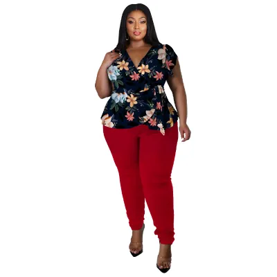 Women Elegant Leaf Floral Print Short Sleeve Blouse And Pants Office Chic Plus Size Set