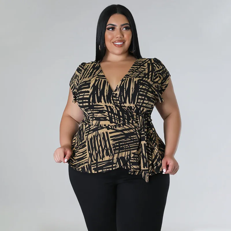 Women Elegant Leaf Floral Print Short Sleeve Blouse And Pants Office Chic Plus Size Set