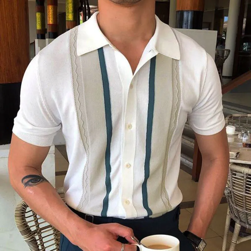 Men Casual Lapel Striped Short-Sleeved Polo Shirt