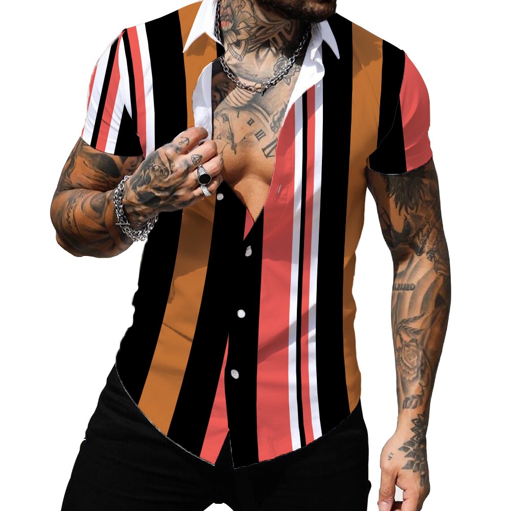 Wholesale Men Casual Stripe Print Lapel Short-Sleeved Shirt