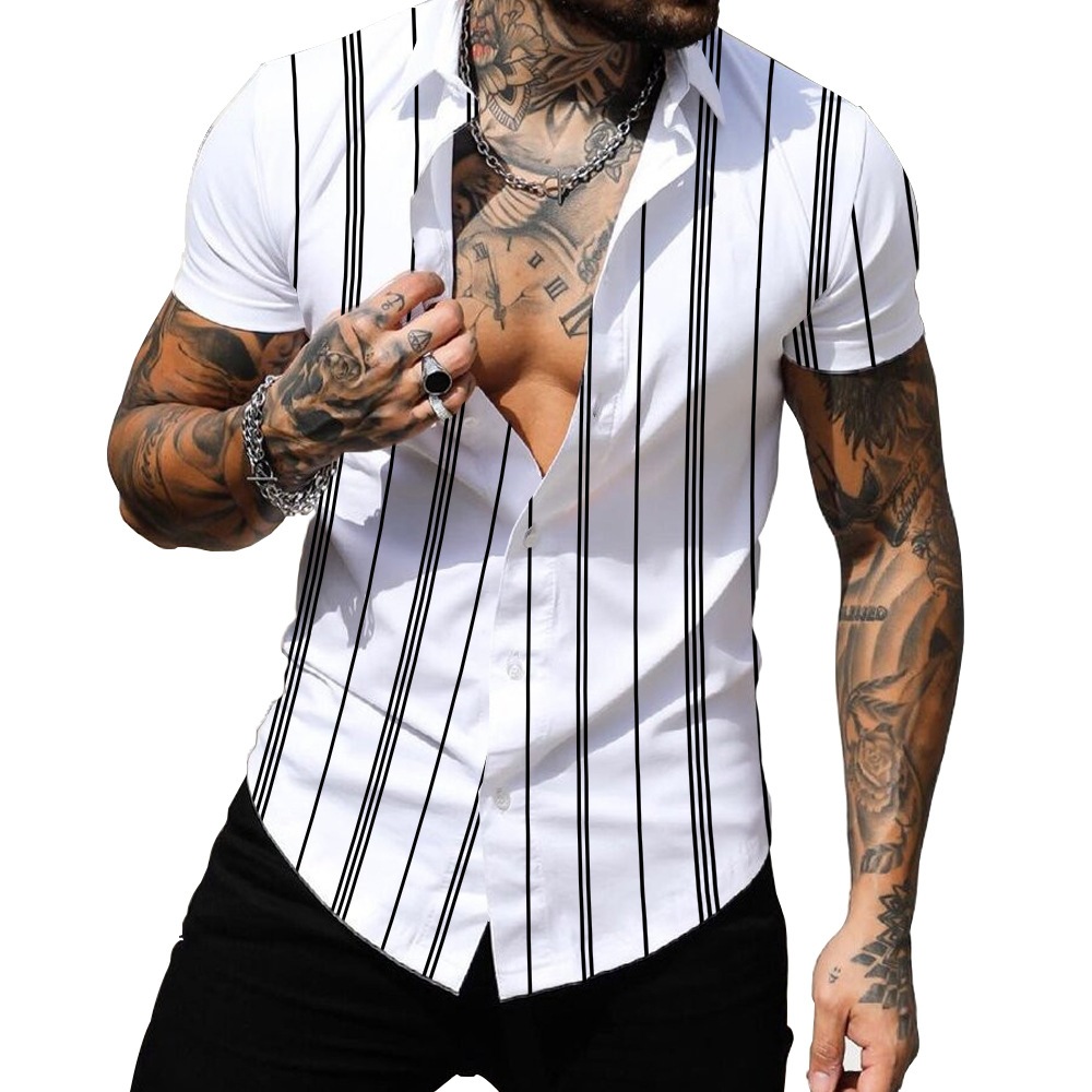 【SATIIIZ】Lapin Stripe High Density Short Sleeve T-shirt Wholesale Men Casual Stripe Print Lapel Short-Sleeved Shirt