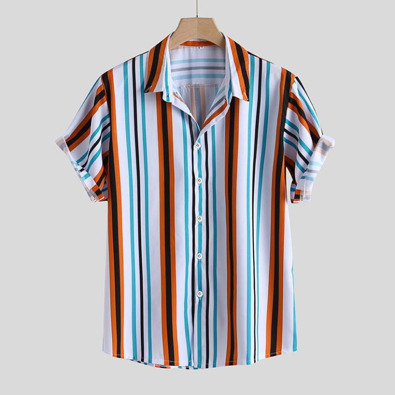 Wholesale Men Casual Stripe Print Lapel Short-Sleeved Shirt