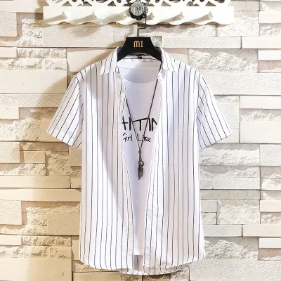 Men Fashion Stripe Lapel Short Sleeve Slim Casual Shirt