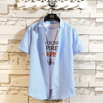 Men Fashion Stripe Lapel Short Sleeve Slim Casual Shirt