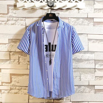 Men Fashion Stripe Lapel Short Sleeve Slim Casual Shirt
