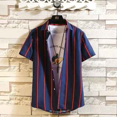 Men Fashion Stripe Lapel Short Sleeve Slim Casual Shirt