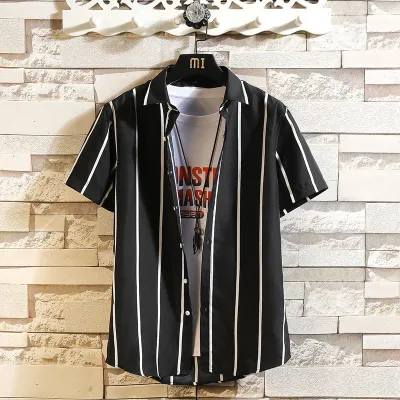Men Fashion Stripe Lapel Short Sleeve Slim Casual Shirt