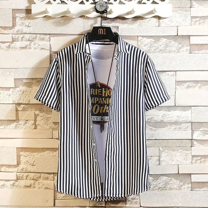 Men Fashion Stripe Lapel Short Sleeve Slim Casual Shirt