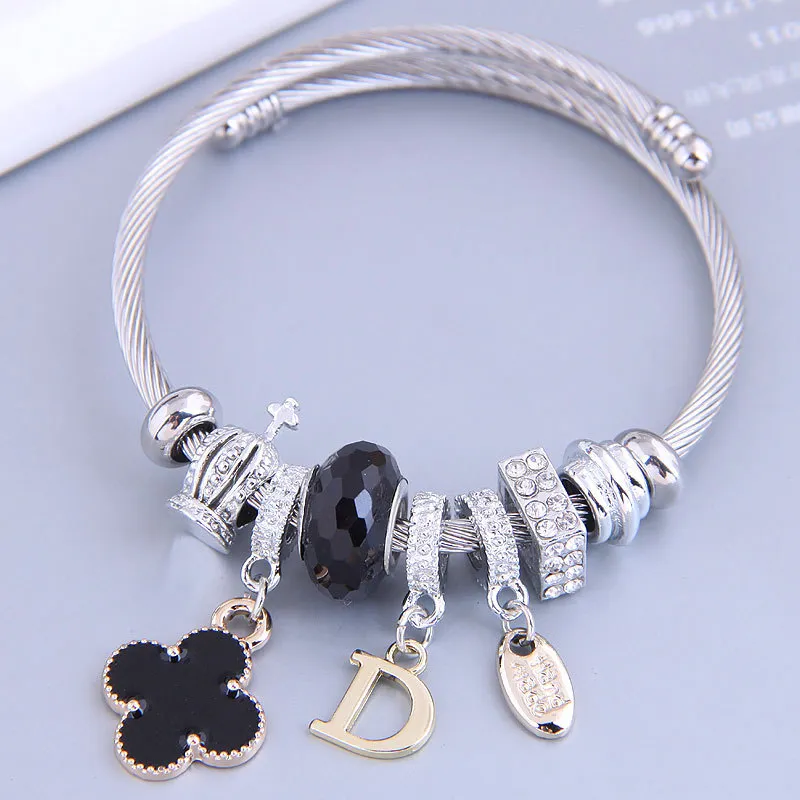 Women's Fashion Adjustable Titanium Steel Four Leaf Clover Tassel Crystal Crown Bracelet