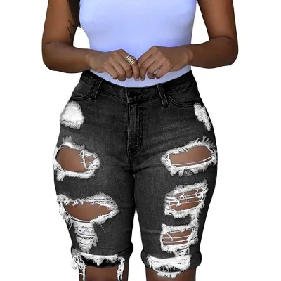 Women Fashion Sexy High-Waist Ripped Denim Bermuda Shorts