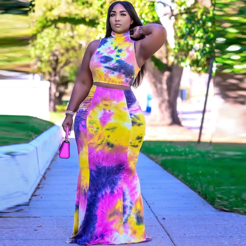 Women Fashion Elegant Tie Dye Print Crop Top And Maxi Skirt Set