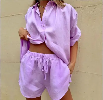Women Solid Color Single Breasted Short Sleeve Shirt And Fashion Loose Shorts Set