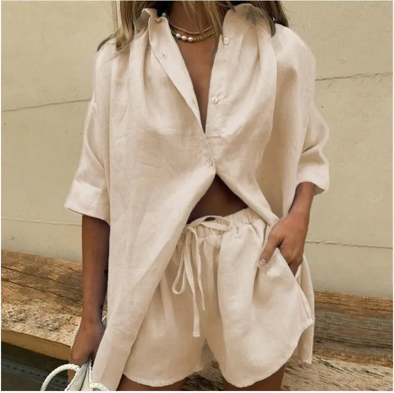 Women Solid Color Single Breasted Short Sleeve Shirt And Fashion Loose Shorts Set