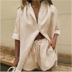 Women Solid Color Single Breasted Short Sleeve Shirt And Fashion Loose Shorts Set