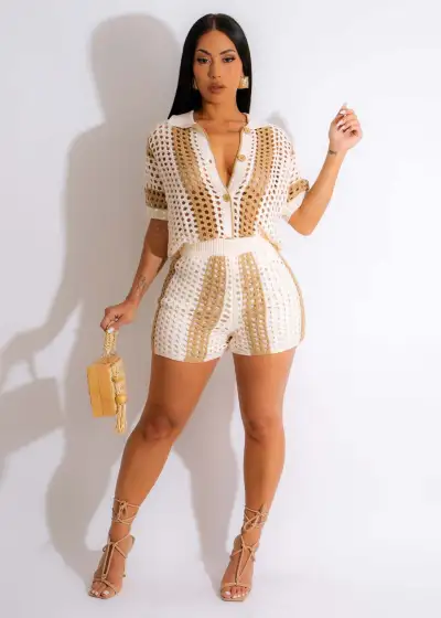 Women Lapel Hollow Short Sleeve Shirt And Shorts Fashion Knitted 2pcs Set
