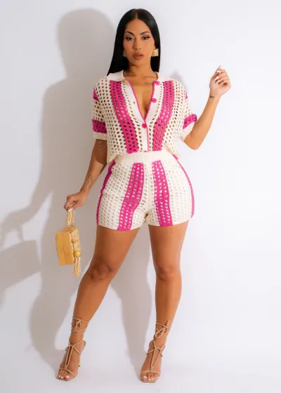 Women Lapel Hollow Short Sleeve Shirt And Shorts Fashion Knitted 2pcs Set