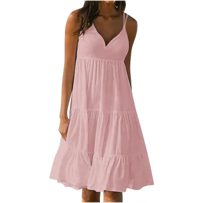 Women Casual Summer Vacation Solid Color V Neck Spaghetti Strap Loose Midi Dress